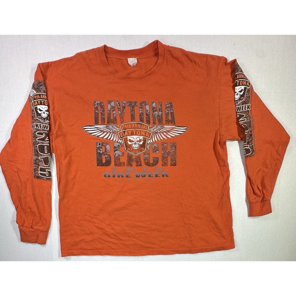 Daytona Beach Bike Week 2015‎ Long Sleeve T-Shirt Orange Skull Wings Graphic XL